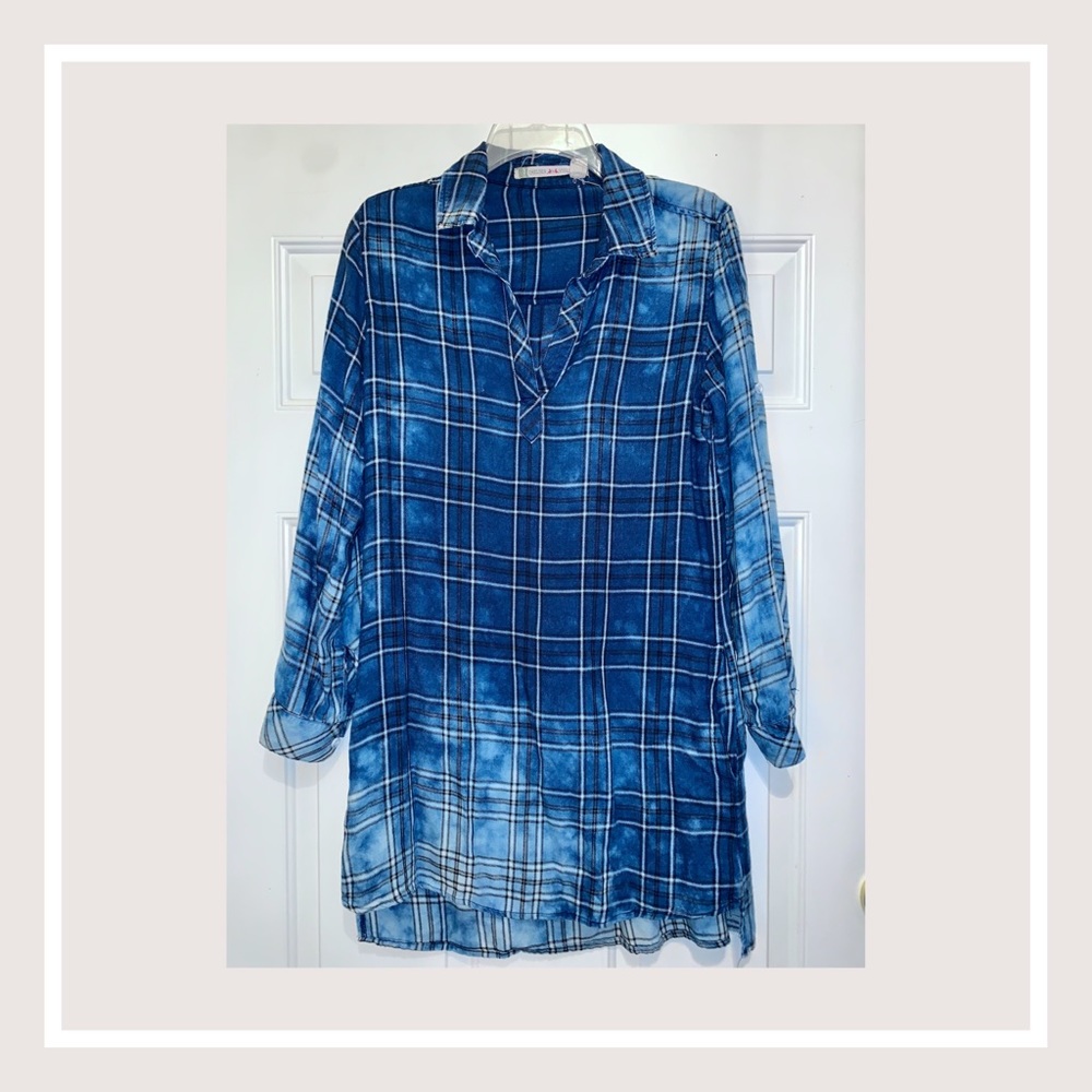 Blue, distressed, cotton button-up dress.